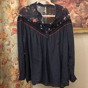 Free People Navy Sheer Floral Blouse